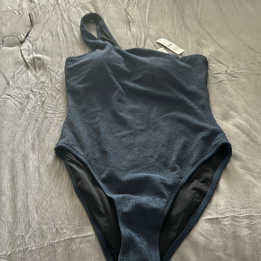J Crew One-shoulder ruched one-piece swimsuit slate blue size 14